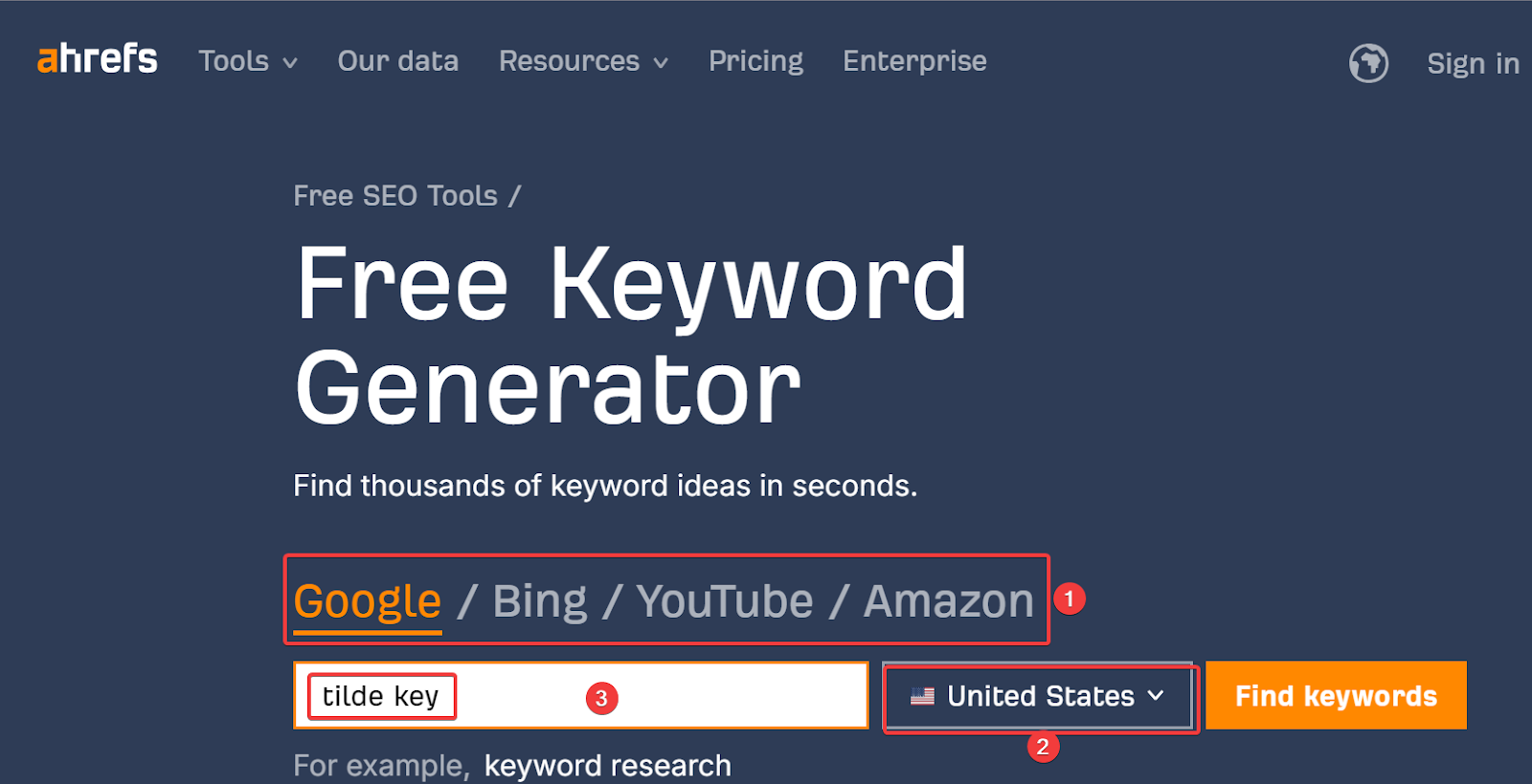 Ahrefs free keyword generator with the Find keywords button