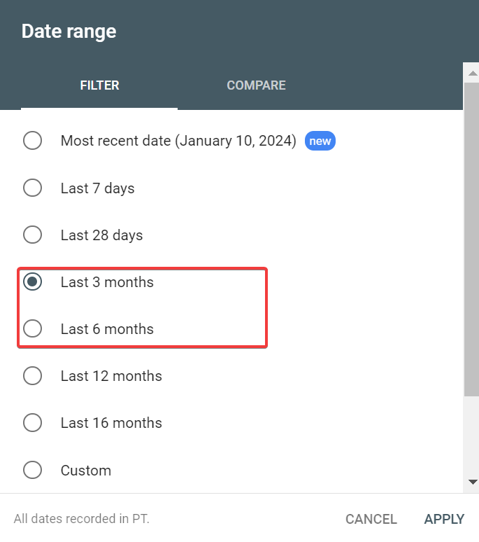 Compare tab in the Search Console date filter showing a year-over-year comparison