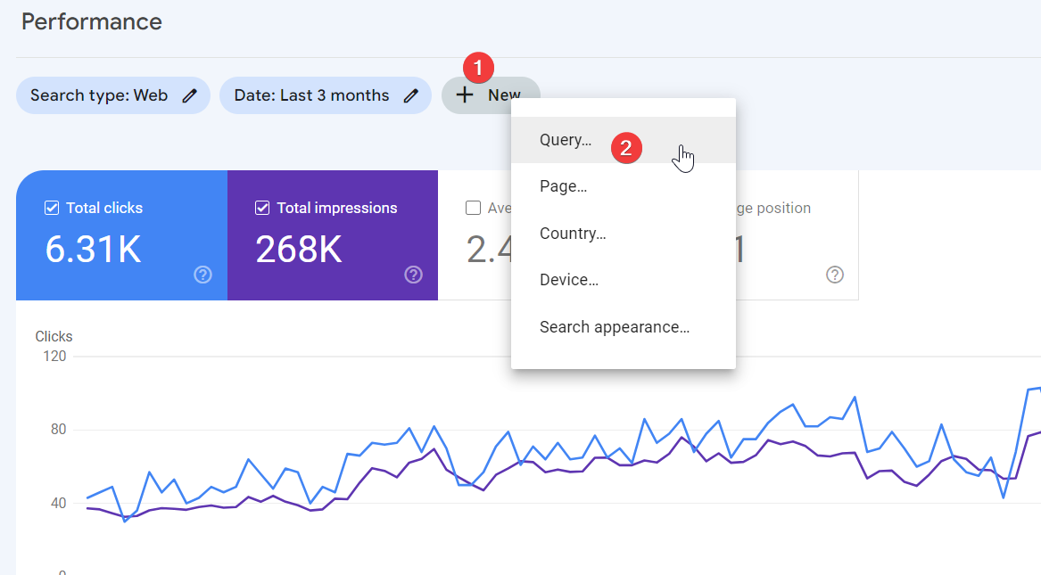 Search Console query filter menu with the Custom regex option selected