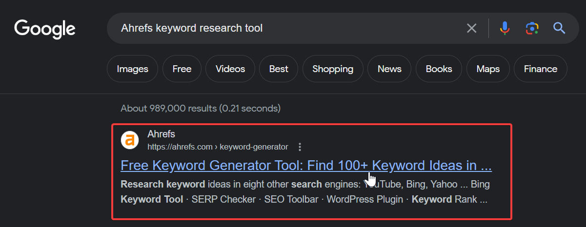 Search results page listing a free keyword research tool